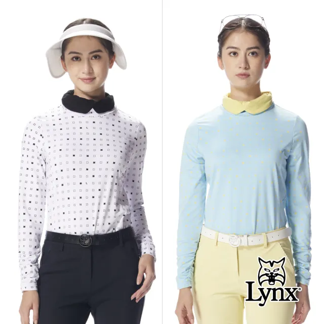 【Lynx Golf】女款保暖舒適合身剪裁滿版LOGO設計撞色造型翻領長T(二色)