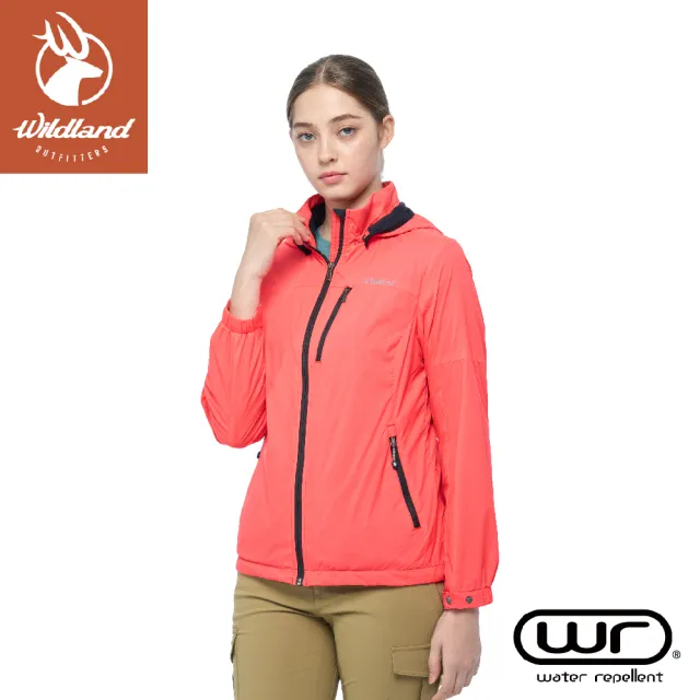 【Wildland 荒野】女 輕量天鵝絨防風保暖外套《曙光紅》0B02941/連帽薄外套/防風外套