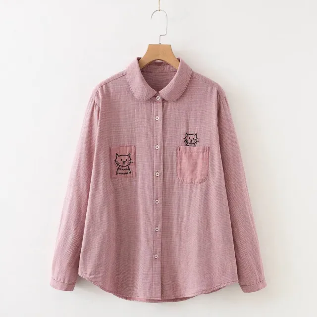 【ACheter】棉麻千鳥格長袖大碼小貓刺繡格子襯衫上衣#126290(粉紅  黑白)