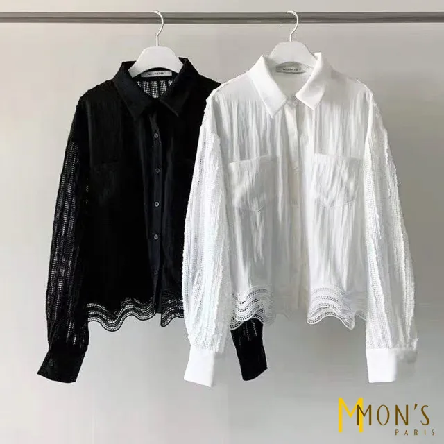 【MON’S】直條紋鏤空造型蕾絲上衣(直)