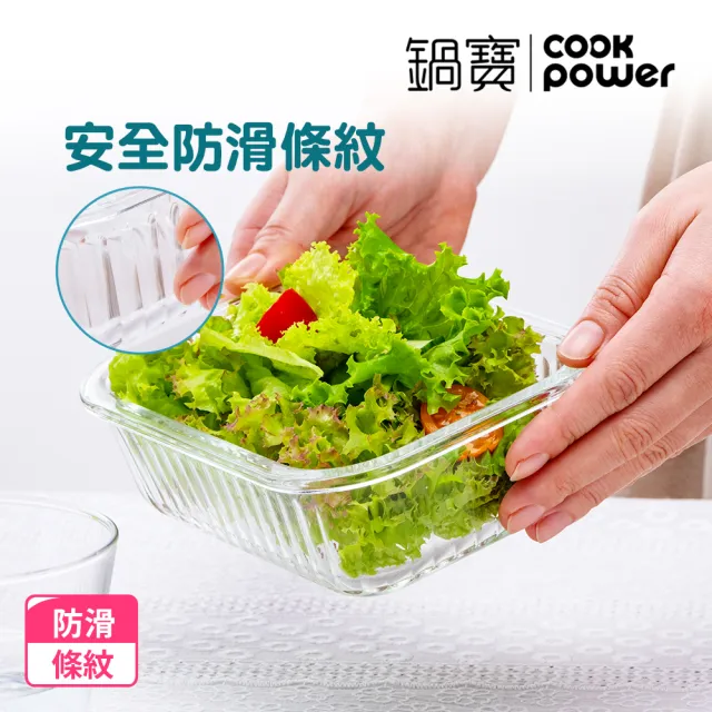 【CookPower 鍋寶】耐熱玻璃豎條紋防滑保鮮盒便捷5件組