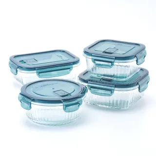 【CookPower 鍋寶】耐熱玻璃豎條紋防滑保鮮盒實用4件組