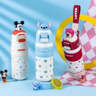 【Disney 迪士尼】316不繡鋼卡通公仔造型一蓋雙飲多用保溫杯480m-米奇/草莓熊/史迪奇