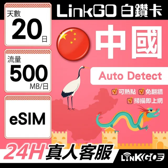 【LINKGO】白鑽卡 中國大陸 eSIM卡 20天上網 500MB/天 免翻牆支援LINE FaceBook(中國網卡 大陸 西藏 新疆)