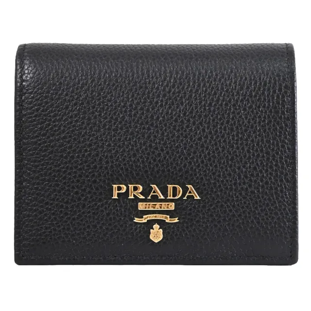 【PRADA 普拉達】經典浮雕LOGO荔枝牛皮對開扣式零錢短夾(黑)