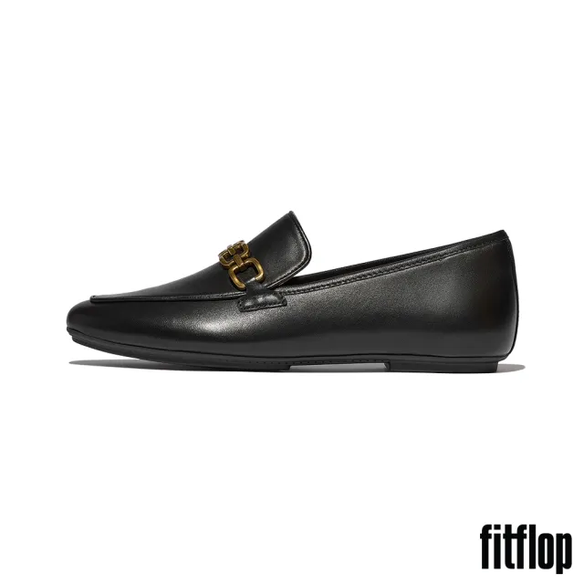 【FitFlop】DELICATO 方扣鏈條柔軟皮革樂福鞋-女(黑色)