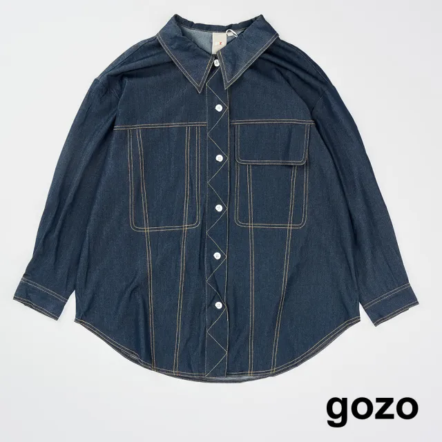 【gozo】MOMO獨家款★限量開賣 顯瘦配色壓線仿牛仔長袖襯衫(兩色)