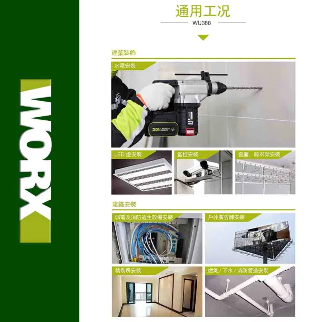【WORX 威克士】20V 24mm 鋰電無刷免出力電錘 WU388.9(無刷 無碳 電錘 錘鑽 鋰電無碳三用電錘)
