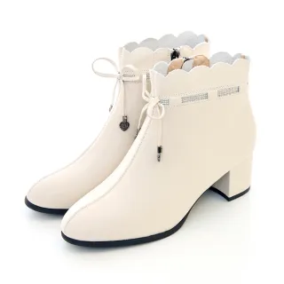 【bac】鑽條粗跟花邊粗跟短靴225-612(米白色)