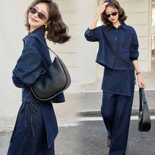 【巴黎精品】現貨+預購 頂級法式套裝西裝外套連身褲裝寬褲落地褲寬鬆大碼休閒女裝(兩件套時尚牛仔a1lo38)