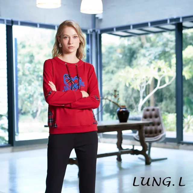 【LUNG.L 林佳樺】LT66A 紅色拼接格紋搭配愛心膠印長袖女裝上衣(秋冬新品 保暖)