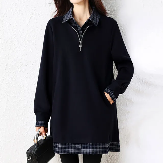 【麗質達人】7080藏藍格紋拼接假二件上衣-LY(L-5XL)
