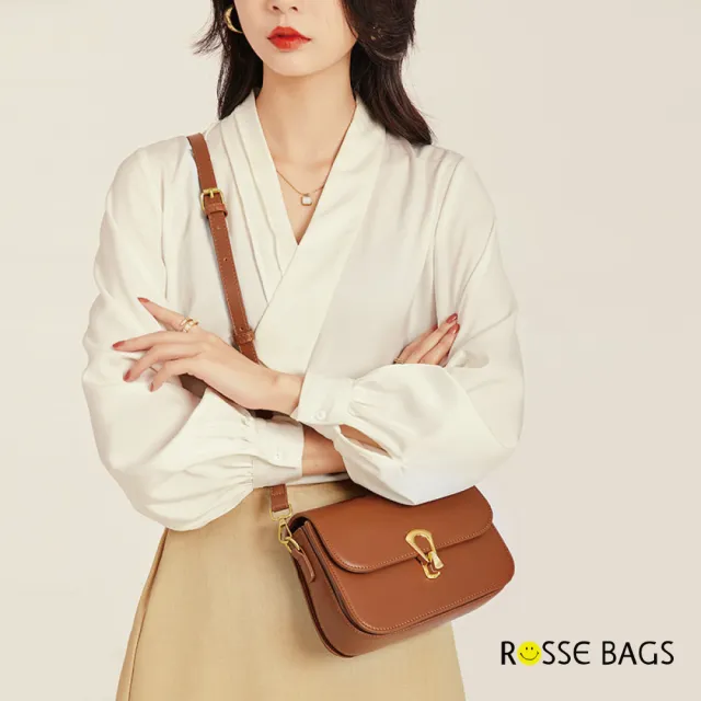 【Rosse Bags】經典百搭復古方形金扣休閒斜跨包 單肩包(白色/棕色/黑色)