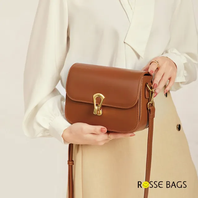 【Rosse Bags】經典百搭復古方形金扣休閒斜跨包 單肩包(白色/棕色/黑色)