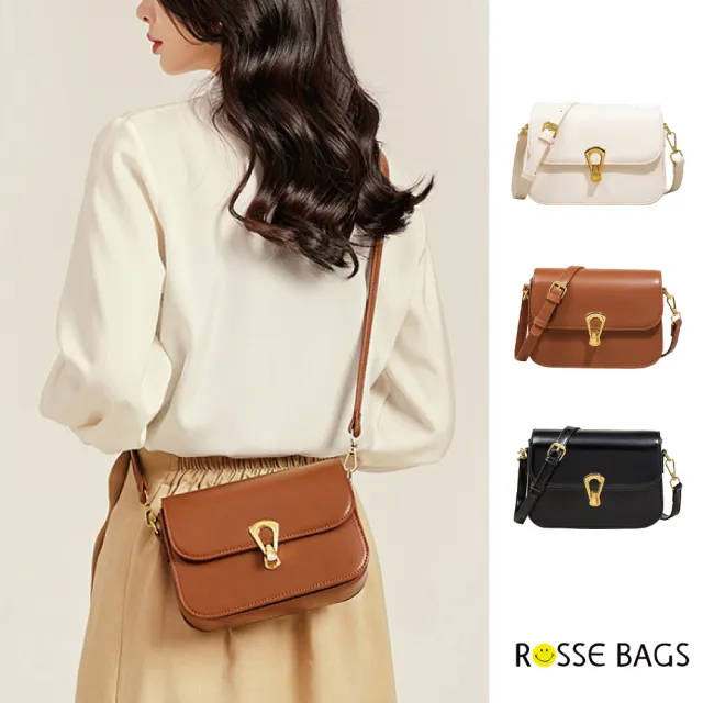 【Rosse Bags】經典百搭復古方形金扣休閒斜跨包 單肩包(白色/棕色/黑色)