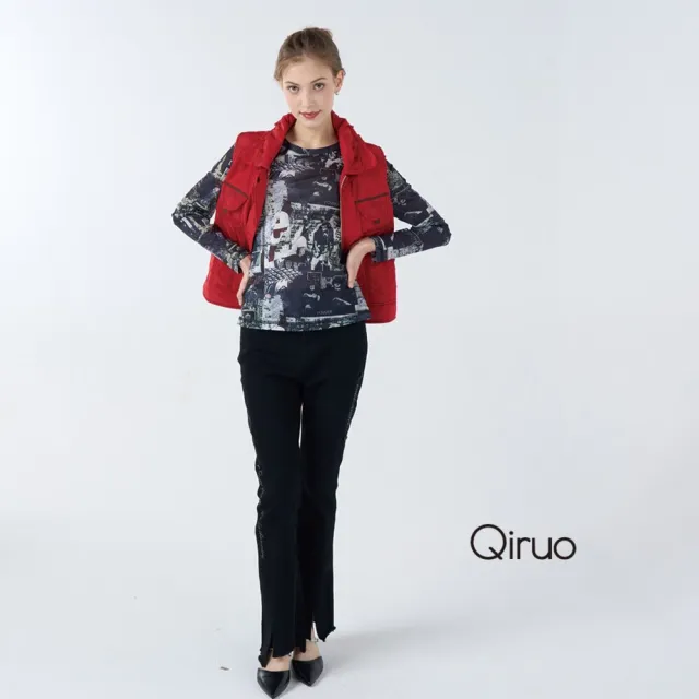【Qiruo 奇若名品】牛仔彈性布料 褲管開叉造型 黑色小喇叭褲4007C 
