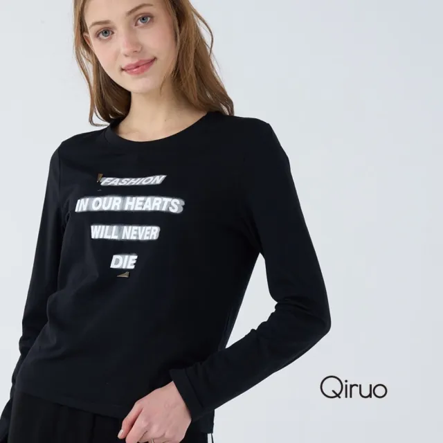 【Qiruo 奇若名品】彈性棉質 押花布底 圓領長袖黑色造型T☆ 1815A 