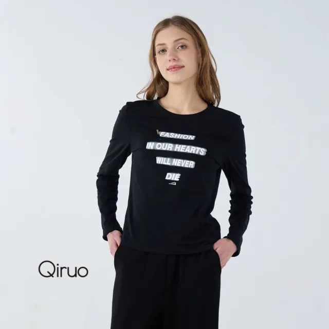【Qiruo 奇若名品】彈性棉質 押花布底 圓領長袖黑色造型T☆ 1815A 