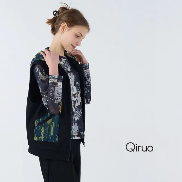 【Qiruo 奇若名品】特殊厚布料含內裡 拉鍊夾克式黑綠色連帽背心6042D 