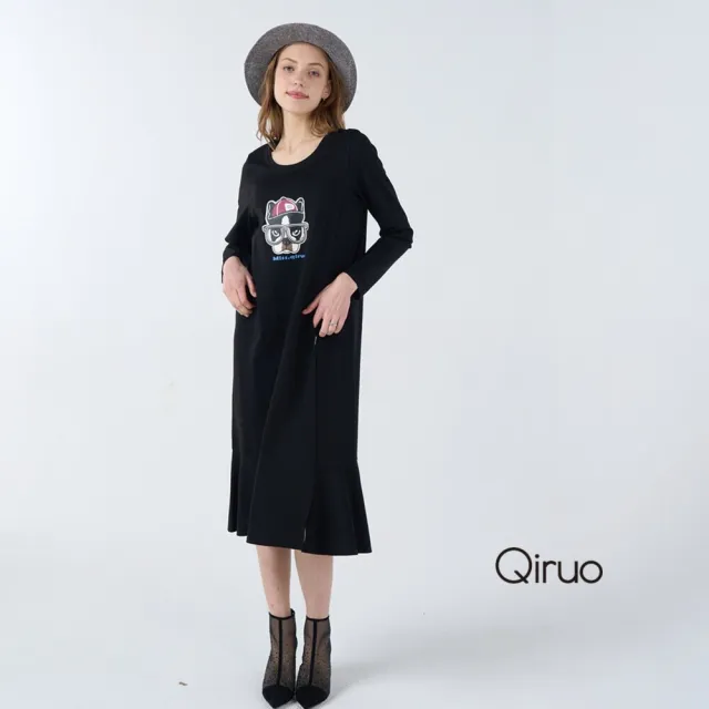 【Qiruo 奇若名品】厚彈性棉 大圓領狗狗刺繡 下擺荷葉黑色長袖洋裝1820F 