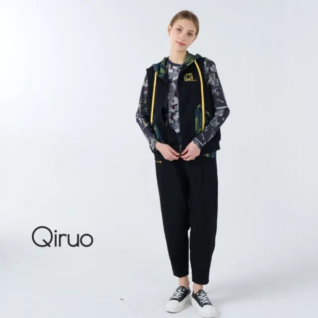 【Qiruo 奇若名品】厚棉質 後鬆緊帶黑色九分老爺褲6024C 