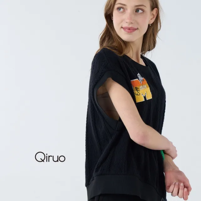 【Qiruo 奇若名品】棉絨保暖布料 圓領短包袖黑色 休閒背心6224D 
