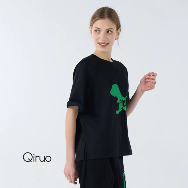【Qiruo 奇若名品】厚棉 圓領 短袖恐龍黑色 休閒上衣 7081A 
