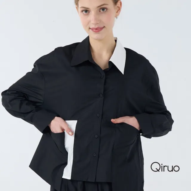 【Qiruo 奇若名品】棉質不規則排釦 黑白領長袖造型大口袋襯衫4005A