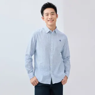 【GIORDANO 佐丹奴】網路獨家款 男裝麻棉線條刺繡長袖襯衫(63 海軍藍/白)