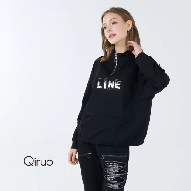【Qiruo 奇若名品】厚中棉質 拉鍊立領 亮片長袖黑色造型上衣 6041A