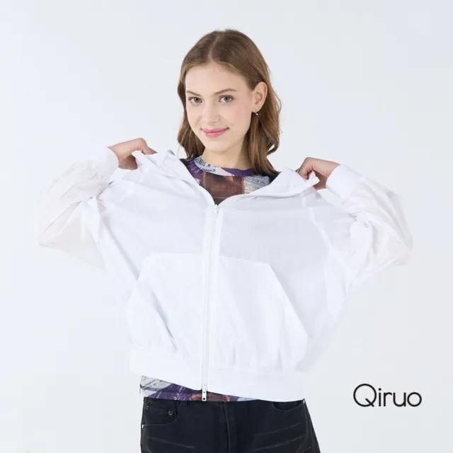 【Qiruo 奇若名品】輕薄防風 連帽外套袖口束口白色薄長袖6237E
