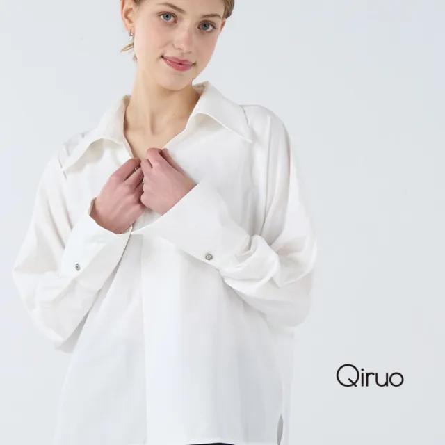 【Qiruo 奇若名品】精梳棉質 開領鈕扣襯衫長袖造型白襯衫6239A