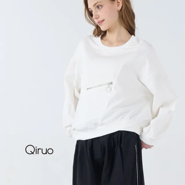 【Qiruo 奇若名品】棉質 圓領 下擺倒V 長袖 拉鍊口袋白色造型上衣 6220A 