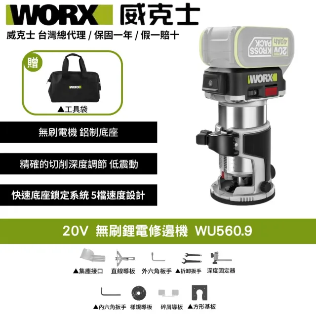 【WORX 威克士】20V 無刷鋰電修邊機 WU560.9(修邊機 鋰電 路打 無刷 木工修邊刀 銑木板 鋁塑板 無碳刷馬達)