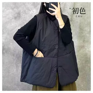 【初色】純色寬鬆V領無袖鋪棉保暖背心襯衫中大碼外套女背心-深灰色-16273(L-2XL可選)