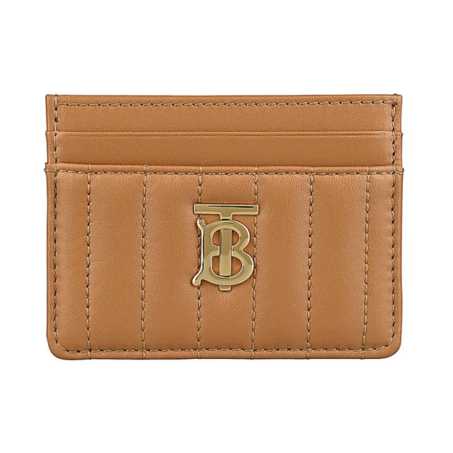 【BURBERRY 巴寶莉】BURBERRY Lola TB亮金色LOGO縫線小羊皮拼小牛皮4卡名片卡夾(棕)