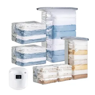 【太力】9件組 新一代免抽氣手壓真空收納壓縮袋 整理袋(2特大立體+6中立體 +1電泵共9件組)