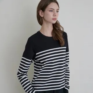 【GIORDANO 佐丹奴】女裝條紋圓領長袖上衣(09 標誌黑X皎白)