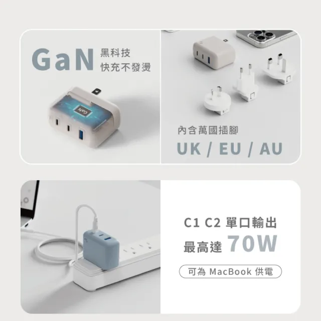 【ALLite】A1 PRO 70W 1A+2CG氮化鎵三孔快充電器1入/盒(原廠保固附萬國轉接頭BSMI認證電源旅充頭PD/QC/PPS)