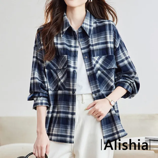 【Alishia】經典復古風格紋長袖口袋襯衫 上衣(藏青綠/藍格紋/紅格紋)