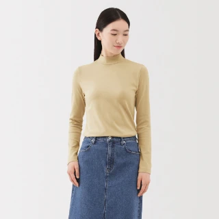 【MUJI 無印良品】女起毛針織半高領長袖T恤(淺黃/柔白橫紋/墨灰橫紋/白色/淺灰/黑色/黑橫紋)