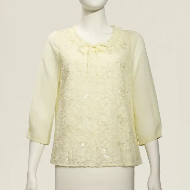 【ILEY 伊蕾】精緻花朵蕾絲亮片雪紡上衣(杏；M-XL；1253021845)