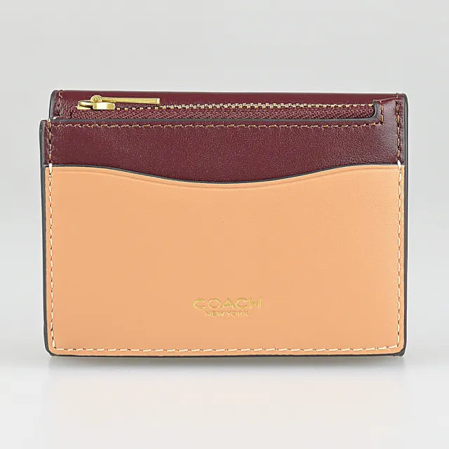 【COACH】COACH Essential古銅C字LOGO撞色小牛皮5卡按釦式卡片零錢短夾(酒紅x多色)