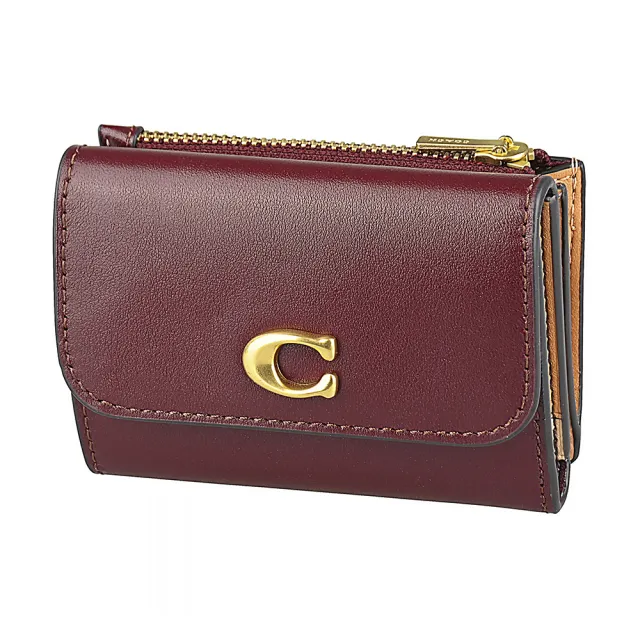【COACH】COACH Essential古銅C字LOGO撞色小牛皮5卡按釦式卡片零錢短夾(酒紅x多色)