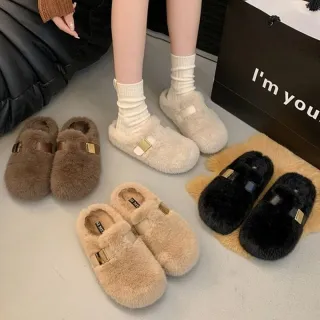 【baibeauty 白鳥麗子】溫柔毛毛拼接一字帶金屬厚底拖鞋(穆勒鞋)