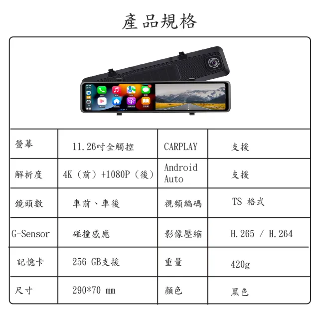 【JINPEI 錦沛】4K觸控 11.26吋螢幕 CarPlay電子後視鏡行車紀錄器 WIFI雙鏡頭 贈64GB(JD-17B)