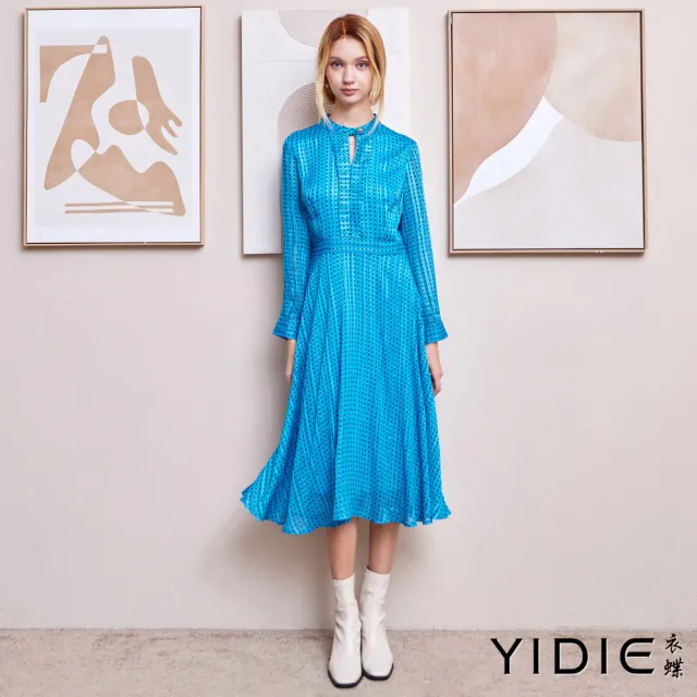 【YIDIE】法式公主幾何印花袖長洋裝-水藍