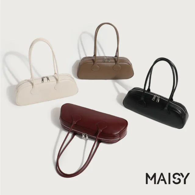 【MAISY】韓系復古簡約皮革單肩包 手提包 法棍包(米白/卡其/酒紅/黑)