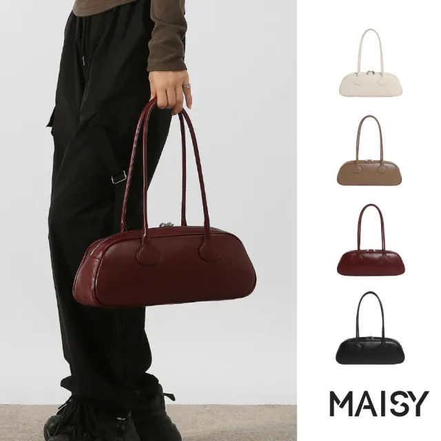 【MAISY】韓系復古簡約皮革單肩包 手提包 法棍包(米白/卡其/酒紅/黑)