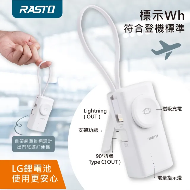 【RASTO】MD-BP078-Qi 20W快充四合一蘋果手錶雙介面口袋行動電源(18.5Wh/3000mAh/台灣製造)